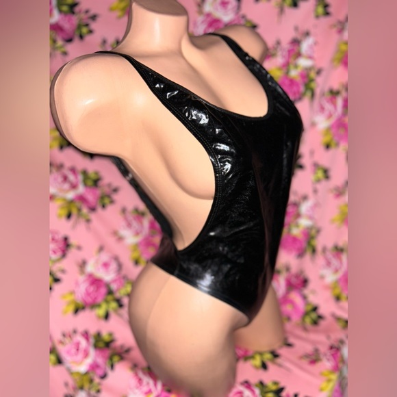 Black vinyl faux patent leather bodysuit romper swimsuit lingerie bikini sexy z1